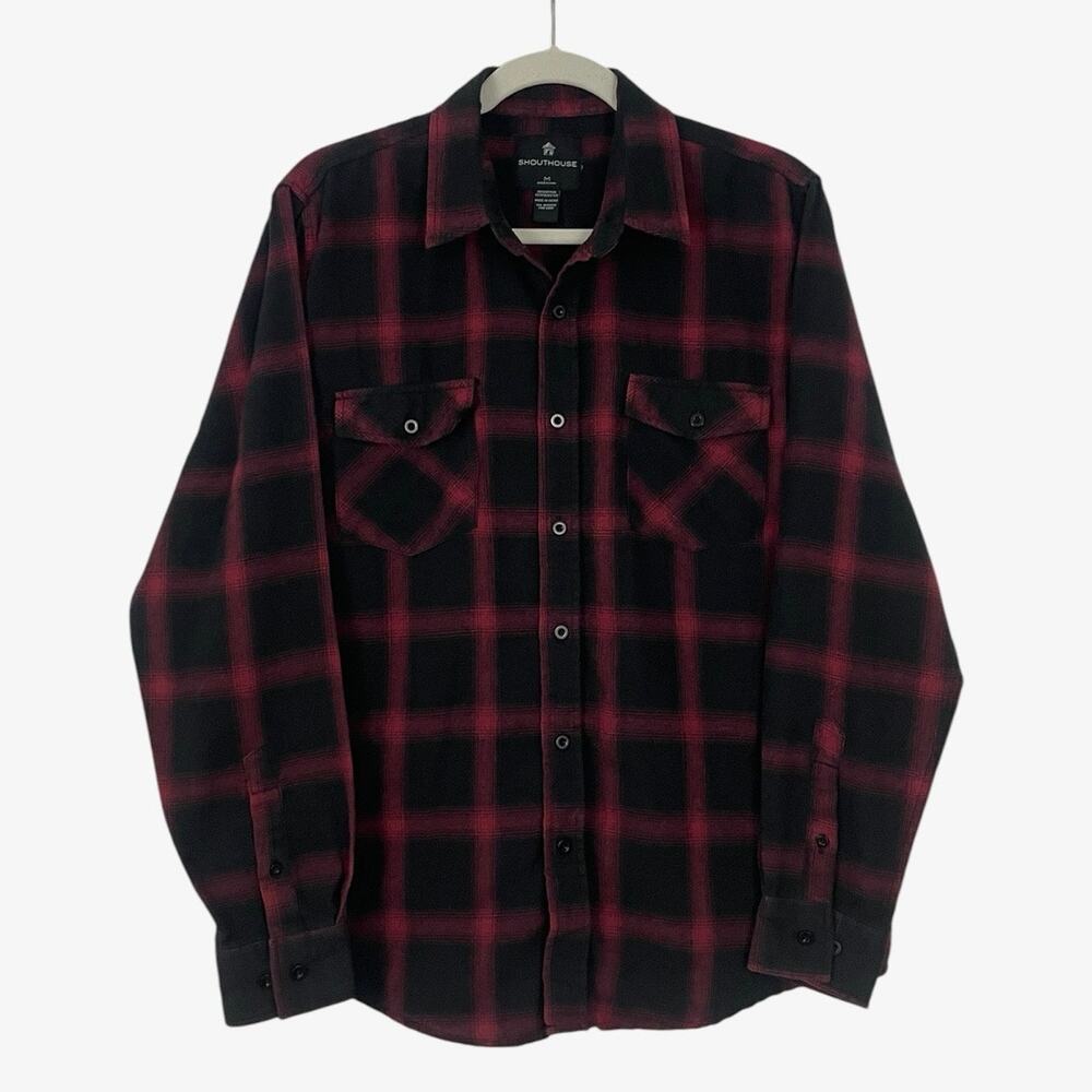 Shouthouse Mens Red & Black Plaid Long Sleeve Button Down Flannel Shirt